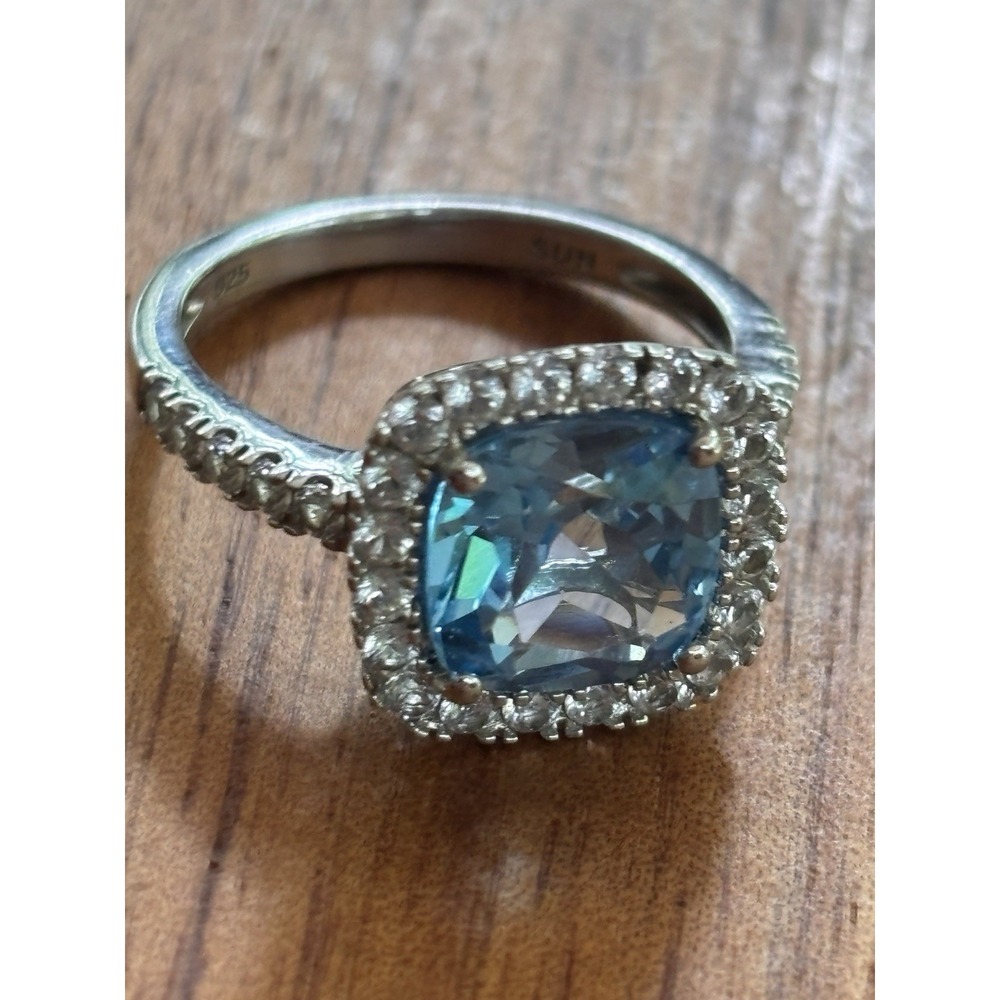 Blue Topaz Sterling Silver Halo Ring Size 7 Marked SUN